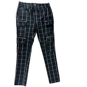 Hot topic black white grid plaid cargo pull on pants Medium goth punk rock